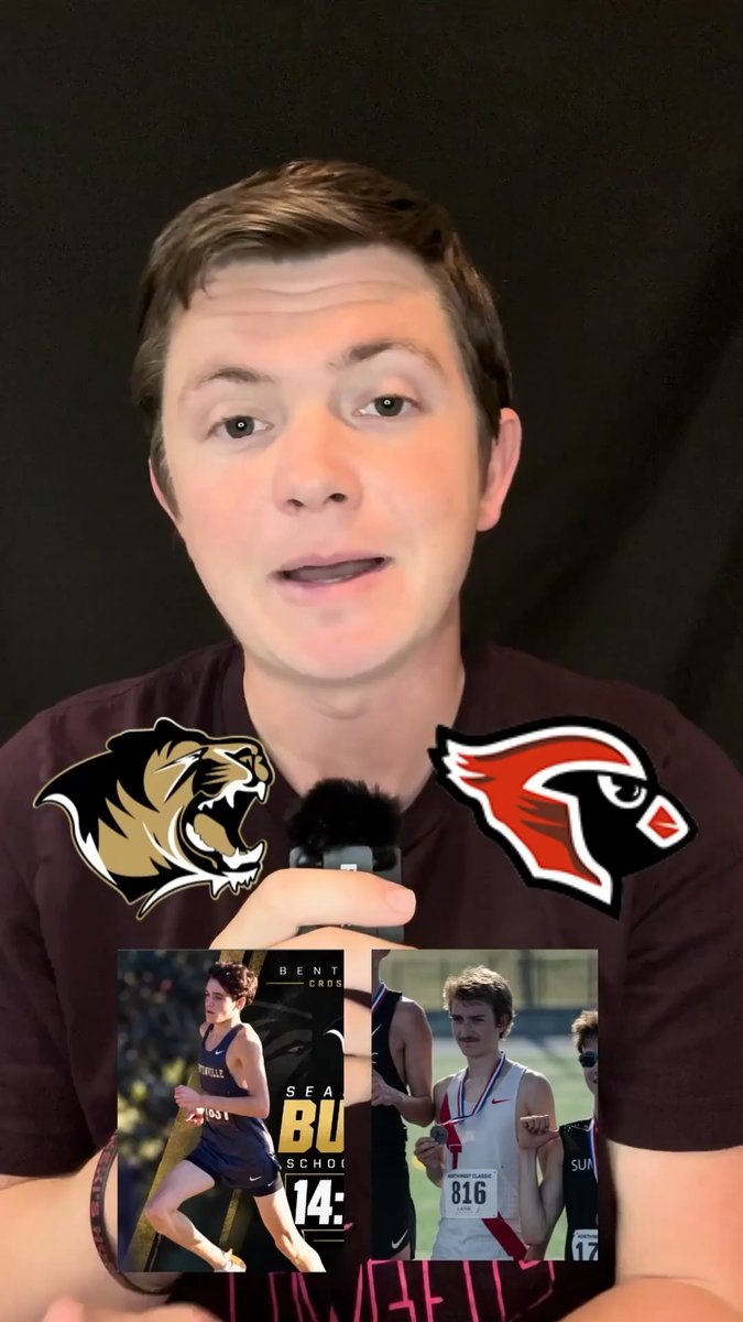 A young man speaks into a microphone in a video thumbnail, with two school mascot graphics flanking him and a small inset image of a cross-country runner.