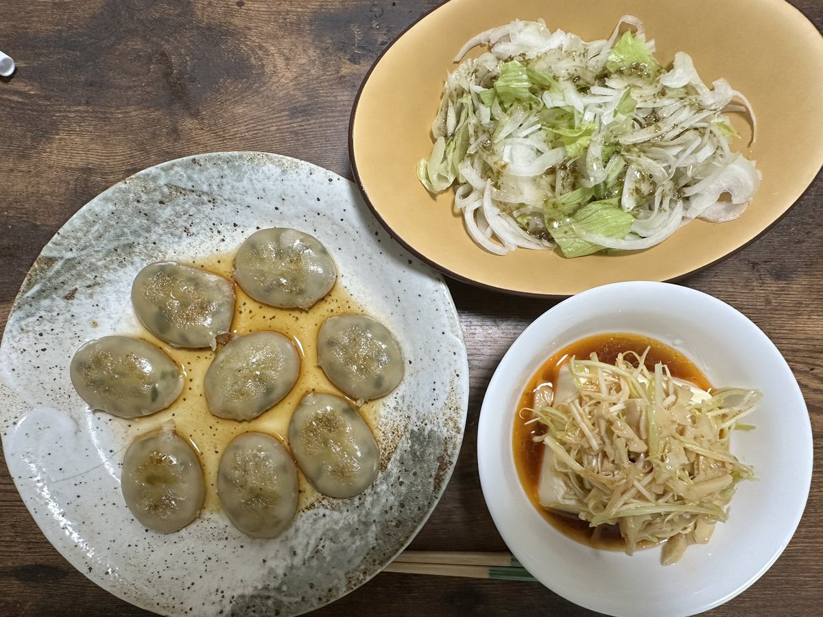 zackslittle's tweet photo. 昨日の晩飯
韮饅頭と白髪ねぎと和らぎ和え乗せ冷奴とサラダ https://t.co/d9fUD90QxU