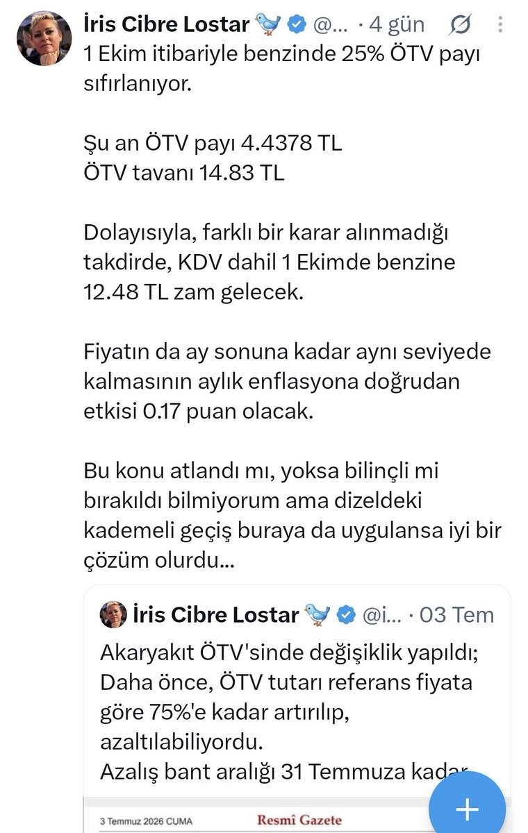 iriscibrelo's tweet photo. Benzine de kademeli ÖTV artışı geldi.
Hafta başında kademeli olmasının doğru olduğunu vurgulamıştım; demek ki atlanmamış:)

Şu an itibariyle benzine ÖTV kaynaklı 4.15 TL zam geldi ve böylece ay boyunca toplam ÖTV 7.90 TL'de kalmış olacak.
1 Kasımda 11.36 TL ve 1 Aralık 14.82+KDV'ye ulaşacak.