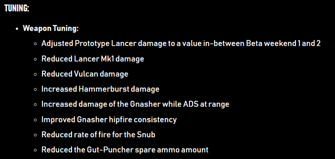 A list of video game weapon tuning changes on a black background, including adjustments to the Prototype Lancer, Lancer Mk1, Vulcan, Hammerburst, Gnasher, Snub, and Gut-Puncher.