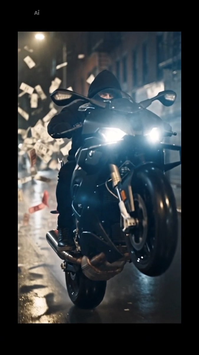 A dramatic, dark cinematic image of a hooded figure riding a black motorcycle at night, with bright headlights and money flying through the air around them.