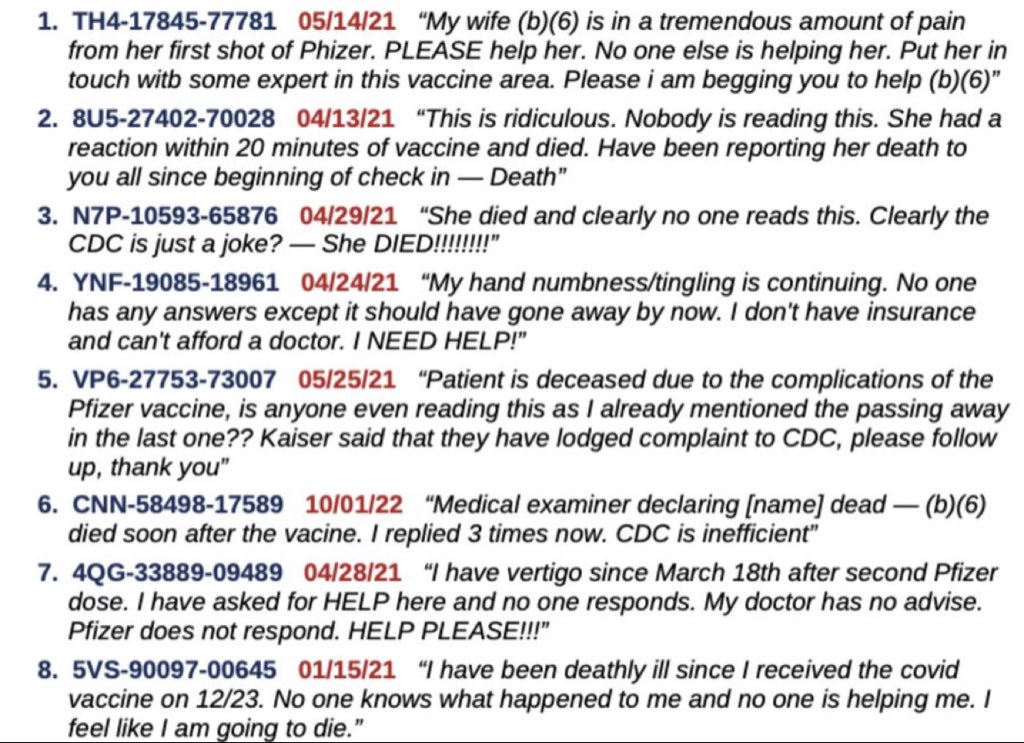 drpetesulack_'s tweet photo. COVID INJECTED AMERICANS CRIED OUT FOR HELP IN THEIR POST INJECTION CDC TEXT SURVEY...

The Covid injectables were developed at "warp speed", and when they were "authorised" by drug regulators there was a plethora of missing safety and efficacy data....and ZERO long term safety data.

This is why they were not fully approved, but instead given a Provisional Consent (in NZ) or an Emergency Use Authorisation (USA).

Both mRNA and the Lipid Nano Particles encasing it had never, ever, ever before been used in a population wide commercial product.

This was new and unchartered territory

Thus, POST MARKETING SURVEILLANCE was of utmost importance....both the manufacturers and the drug regulators KNEW that adverse events not seen in the clinical trials, would become evident when used population wide.

In America, as well as the voluntary passive reporting system (VAERS) for collecting adverse event reports....there was an active surveillance system too.

Millions of Americans were sent text messages after their injections, with invitations to complete a text survey about their post injection health.

A Freedom of Information request resulted in the eventual release of 7.5 million of these responses (from almost 3.5 million unique individuals)

These responses have now been analysed by American Covid injection injury group React19 @react19 

Using search words indicating: cries for help; desire to die; suicidality....and death.

One in every 1,048 V Safe respondents registered a plea for help or a death.

3,329 people registered:

*serious harm
*suicidal thoughts
*near death events
*death of a loved one

You can now read these dire V Safe responses....many of them desperately and repeatedly asking the CDC for HELP

Link in comments