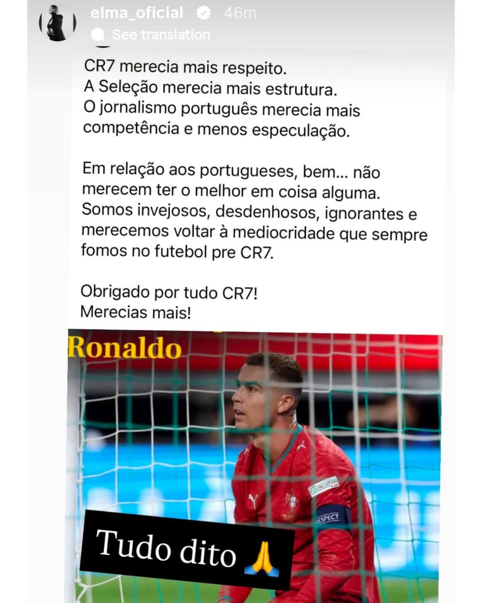 GloireFootball's tweet photo. 😅 Elma, la sœur de Cristiano Ronaldo, réagitée à situation qui lui estait imposée à sa sœur :

CR7 méritait plus de respect.

L'équipe nationale méritait plus de structure. Le journalisme portugais méritait plus de compétence et moins de spéculations. https://t.co/rEgtiFvMuT