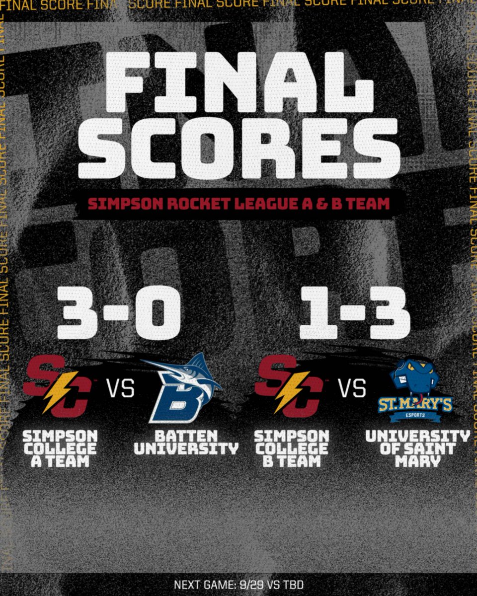SimpsonEsports's tweet photo. ⚡FINAL Scores for RL A & B Last Night⚡
Both teams are ready for Swiss to be done, and succeed in the normal brackets💪
#rocketleague #simpsoncollege https://t.co/dsBJZTEhsg