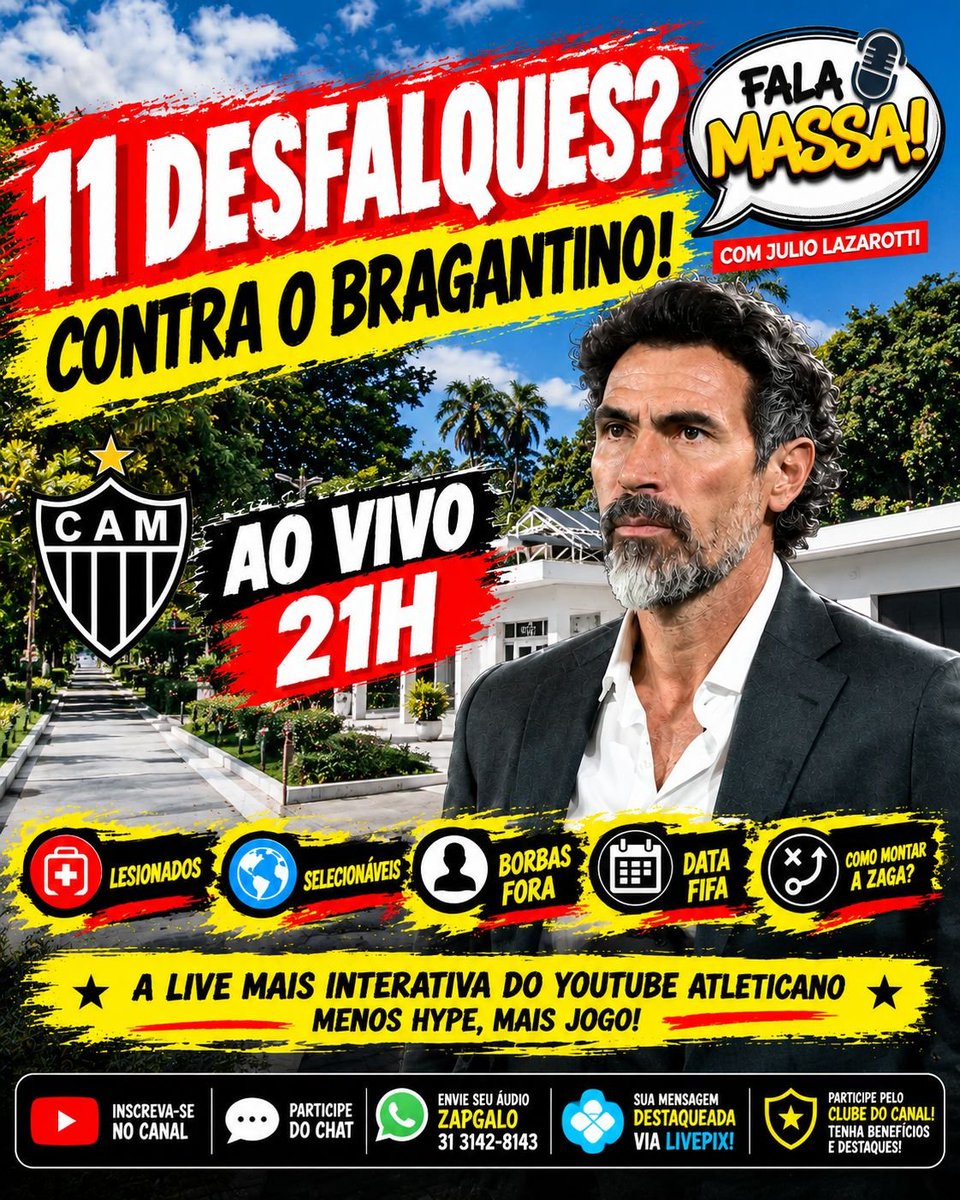 ArqdoGalo's tweet photo. 🚨🐔 GALO PODE TER ATÉ 11 DESFALQUES CONTRA O BRAGANTINO!

🚑 Lesionados
🌎 Selecionáveis
📋 Borbas fora
💬 PARTICIPE!

🕘 21h
🔗  https://t.co/9k2HXgqKIL

#GALO #ATLÉTICOMG #FALAMASSA #BRASILEIRAO #ARQUIBANCADADOGALO https://t.co/yJjumbKZRT