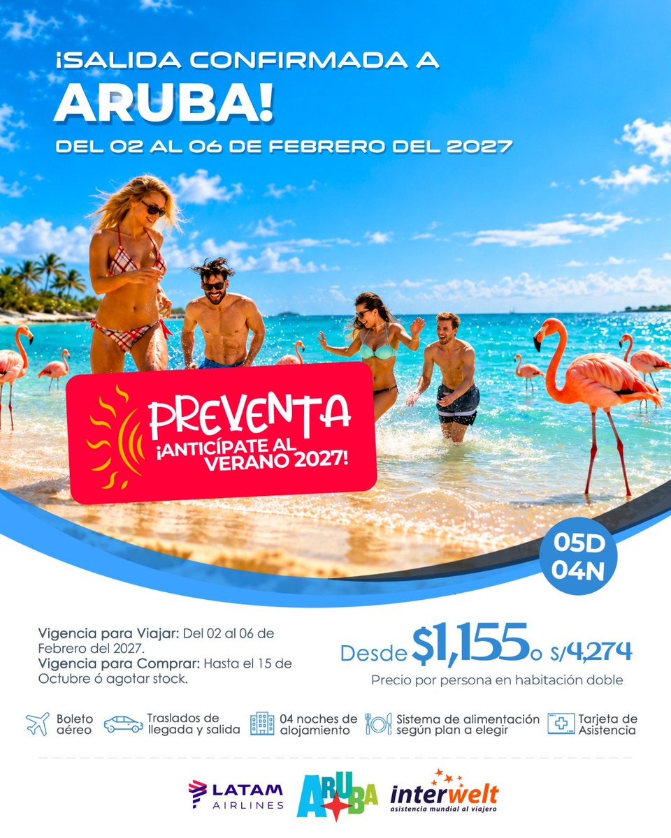 _TravelPartners's tweet photo. PREVENTA 2027 ¡Salidas Confirmadas a Aruba 05D04N con el mejor sistema TODO INCLUIDO! ✨😉❤️ https://t.co/8F6222CwIk