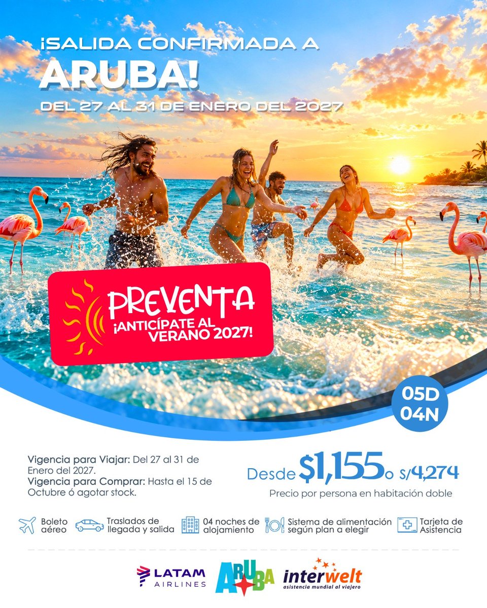 _TravelPartners's tweet photo. PREVENTA 2027 ¡Salidas Confirmadas a Aruba 05D04N con el mejor sistema TODO INCLUIDO! ✨😉❤️ https://t.co/8F6222CwIk
