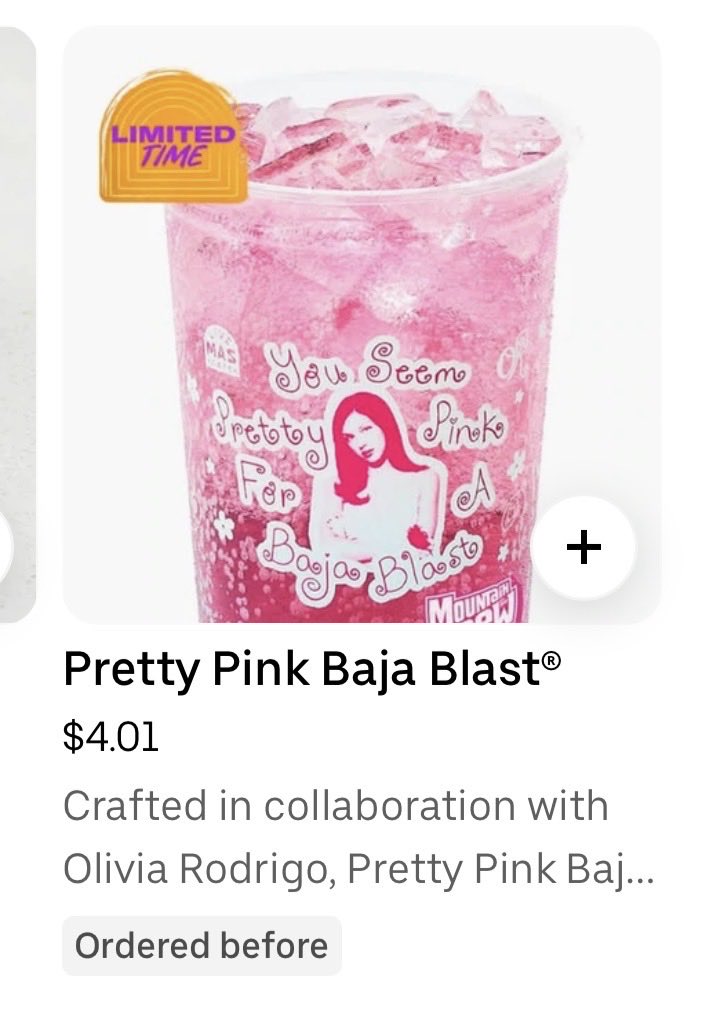 fangirlpiper's tweet photo. @Kuch1s1 @tacobell @UberEats @LiviesHQ this is the pic I saw where it looks def more pink than purple and had Olivia + lyrics on it :( https://t.co/ErxRtWtFF2