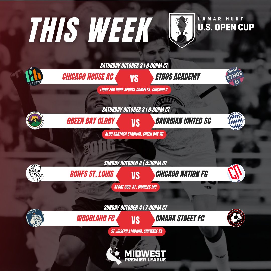 midwestpl's tweet photo. WE WANT THE CUP.
U.S. Open Cup Qualifiers begin for four Midwest Premier League clubs after receiving a bye.
@ChicagoHouse_AC & Green Bay Glory get the party started on Saturday, with @Bohfs_stl & Woodland FC looking to follow suit on Sunday.
Our journey begins here. 🏆 https://t.co/qhovJTIx1I
