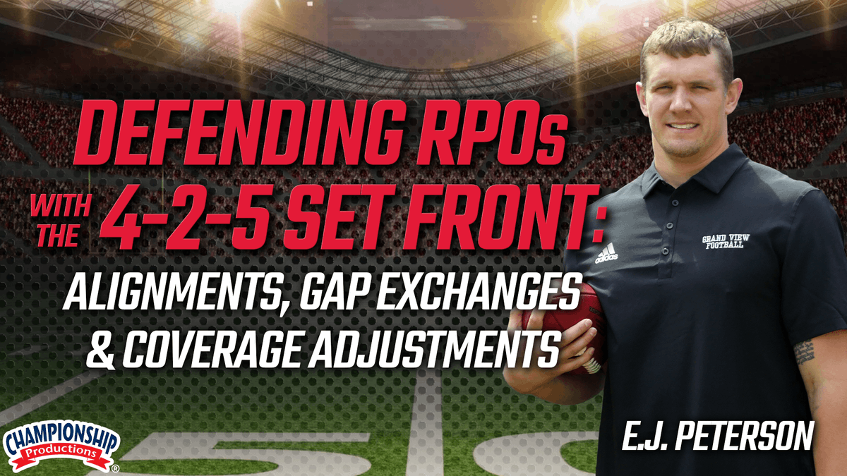 ChampProduction's tweet photo. 🏈Defending Split Flow with the Hang Technique
➡️In this excerpt from @GVVikingFB head coach @CoachEJGVU video: 'Defending RPOs with the 4-2-5 Set Front: Alignments, Gap Exchanges & Coverage Adjustments', the defense works through a hang technique against split flow.  
🌟You will see how a linebacker uses a controlled shuffle before falling into the next available open gap in this clip. The focus is on maintaining gap integrity and adjusting quickly to the tight end’s movement.  ⚡️Learn more here: https://t.co/C6ikzKV1Cm