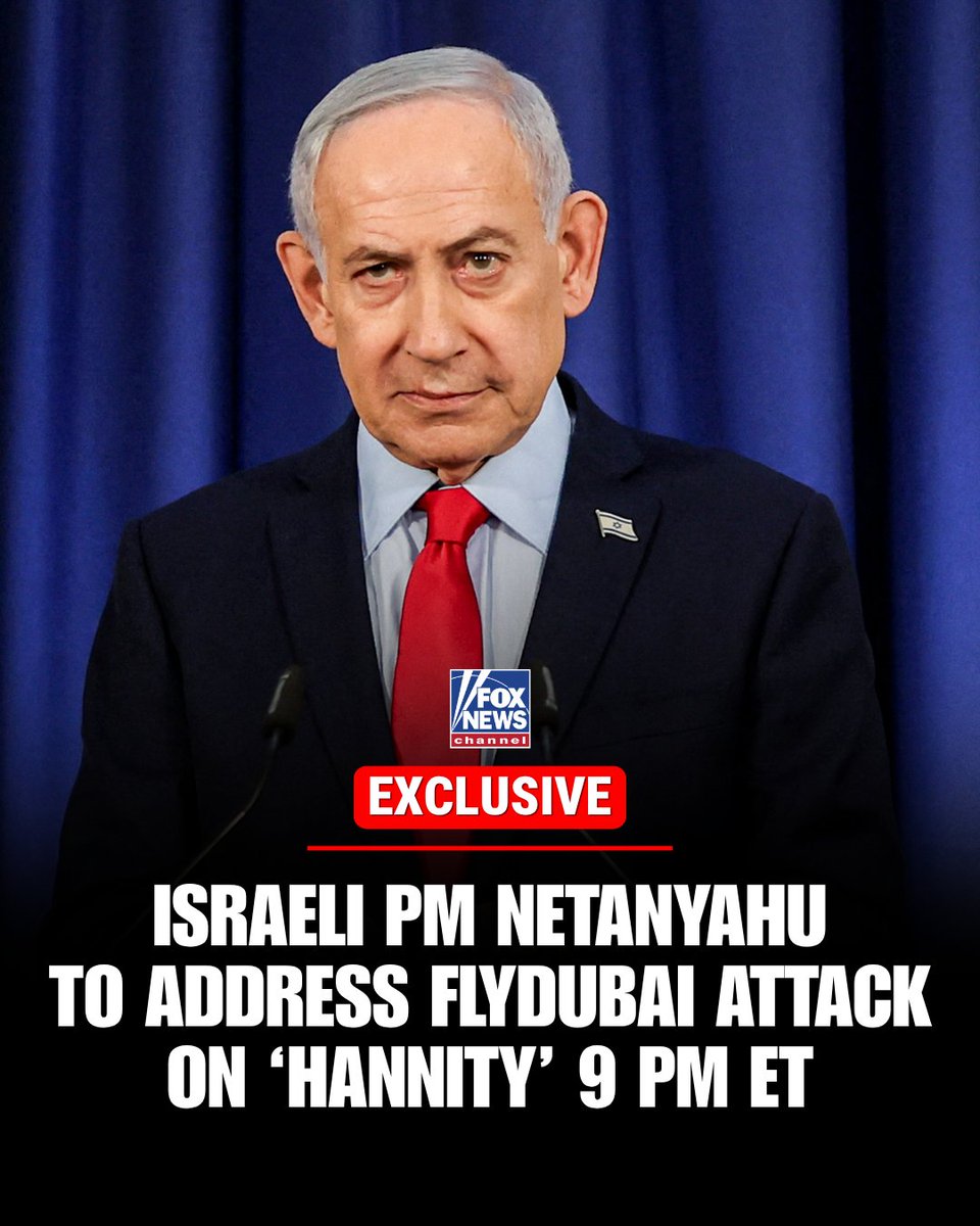 FoxNews's tweet photo. EXCLUSIVE: Israeli Prime Minister Benjamin Netanyahu will join Hannity tonight to discuss the alleged cockpit attack on the Israel-bound Flydubai flight.

Watch on the Fox News Channel tonight at 9pm ET.

@seanhannity @netanyahu https://t.co/YdsOaBsNpC