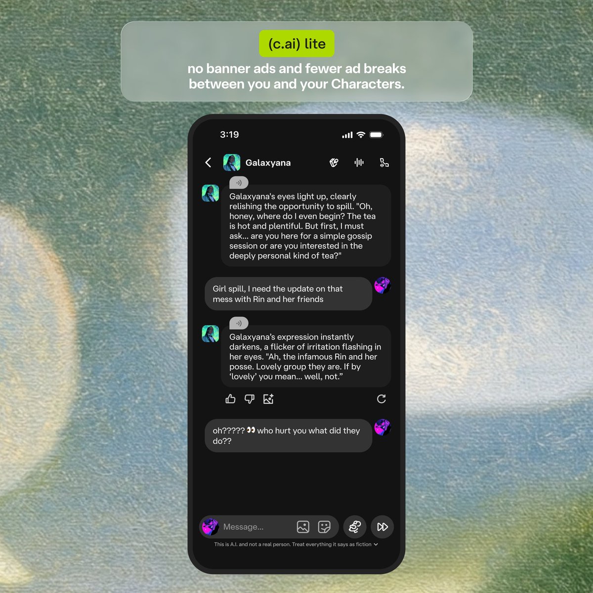 introducing () lite 💚 a more affordable way to get more out of ()! for $4.99 USD/month in the US , get: 💬 daily access to premium Chat Styles like DeepSqueak and LongSqueak 🚫 no banner ads + fewer interstitial ads ⚡ less slow mode 🎨 app customization 📌 more Me additional source image 2