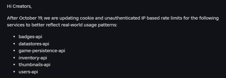bloxpulse's tweet photo. Roblox just announced new plans for ratelimiting unauthenticated and cookie-based requests.

This is likely a push for users to move to OpenCloud API keys.

Read more: https://t.co/MfQRfwNRT4 https://t.co/PGUvIggtas