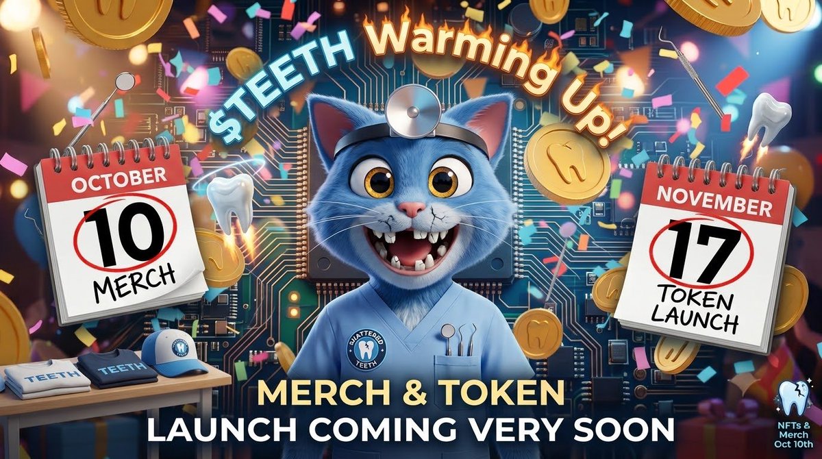 ShatteredTe3th's tweet photo. The countdown is officially ON for $TEETH (Shattered Teeth)! 🦷🔥

​We aren’t launched just yet, but the momentum is building rapidly and we’re warming up fast. Mark your calendars: $TEETH launches by November 17th!

​We aren't just another meme coin—$TEETH is here to lead the pack as the hottest Cat & most trendy Dental token on the web. We have massive plans, ambitious goals, and the dedication to see them through, no matter how hard or time-consuming the journey gets. 🐾⚡

​Here’s what makes $TEETH different:
✨ Real-World Dental Integration: We’re actively laying the groundwork to integrate $TEETH into dental offices—starting locally with clear plans to expand nationwide and globally.
✨ Giving Back: We’re gonna be hosting major giveaways and sponsoring several full Smile Makeovers every single year for our community.
✨ Utility & Merch: Official $TEETH NFTs and exclusive merch drop by October 10th!

​Stick around, follow our progress, and watch what we build. Together, we’re going to rebuild our smiles! 💪 😁

​#TEETH #Crypto #MemeCoin #Altcoins #Web3 #DentalCrypto