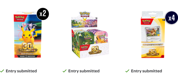 PokemonDealsTCG's tweet photo. 20 Minutes Left Until 30th Celebration Drawings Close at Walmart⚡️

All Drawings: 
➡️https://t.co/dmUirOXhbn

To confirm your entry is in, check the drawing page - it should show "Entry Submitted"

Direct Product Links:
30th Celebration Mini Tin Display (10 Tins)
https://t.co/9mPiWFAWTj
Knockout Collection (4 Boxes)
https://t.co/z0BTndNRjY
Booster Bundles (2 Boxes)
https://t.co/WevQDRkEhl

All Pokemon TCG at Walmart
https://t.co/oEZsAaDrTq

Order confirmations are expected to go out within 24-72 hours.

If you have any issues accessing the drawings, try this: copy / paste the drawing link (https://t.co/dmUirOXhbn) into a private or incognito web browser, then log in.

#Pokemon #AD