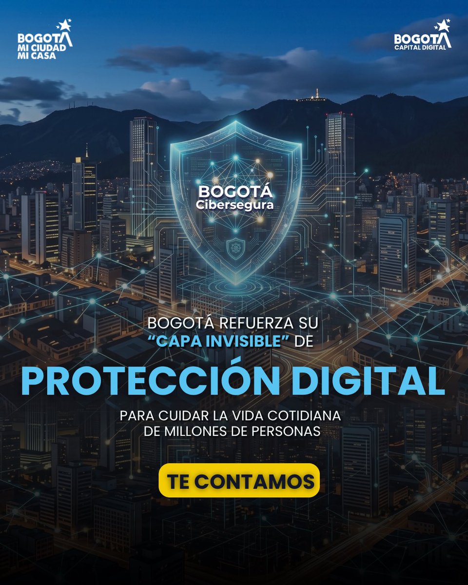 ConsejeriaTIC's tweet photo. #AquíSíPasa🦾 @Bogota refuerza su capa invisible de protección digital  🔐
La ciudad aprobó la Estrategia Distrital de Ciberseguridad y cuatro políticas de seguridad digital que nos permiten actuar unidos frente a los riesgos digitales.

En #BogotáCibersegura jugamos en equipo para proteger la información, reaccionar de manera oportuna y garantizar el servicio distrital. Porque cuando se detiene un trámite, una cita médica o un servicio de emergencia, no se cae un sistema: se afecta una vida.