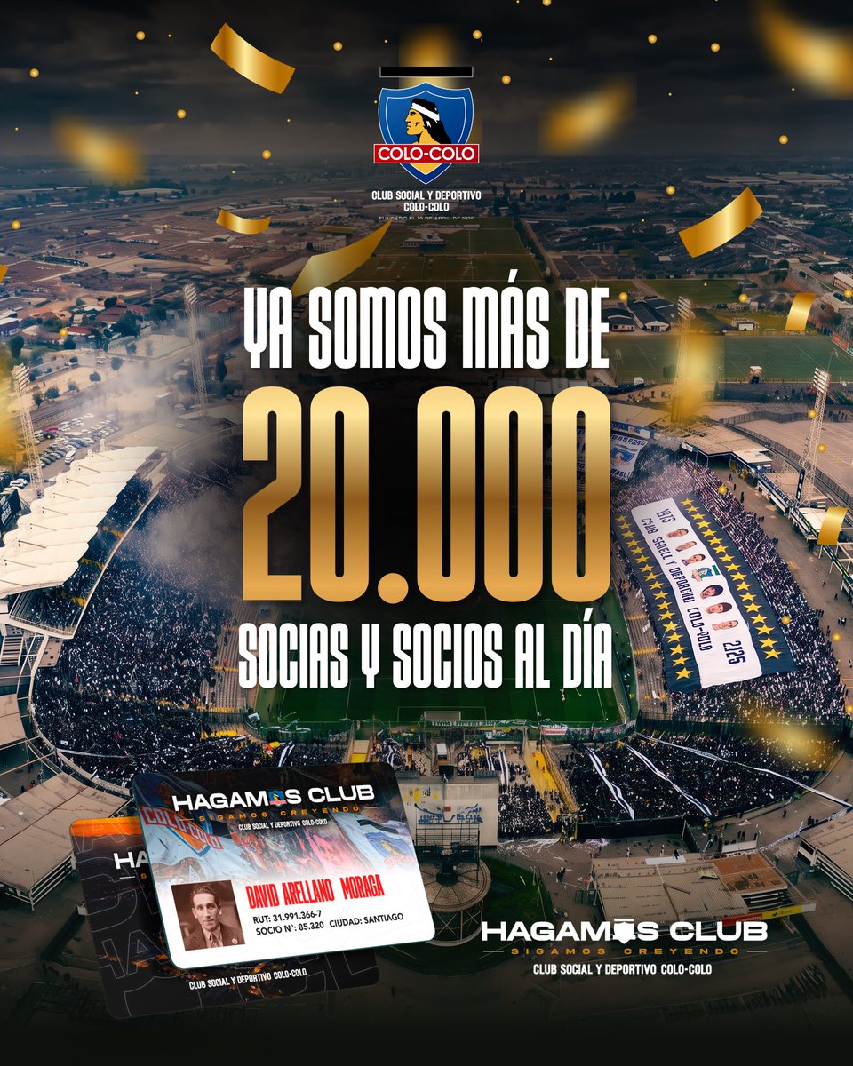 CSDColoColo's tweet photo. ¡Ya somos más de 20 mil socias y socios al día! 🥳🤟🏽

Esto es fruto del compromiso de cada colocolina y colocolino que día a día fortalece al Club Social y Deportivo Colo-Colo. Pero queremos seguir creciendo y que cada vez seamos más quienes construyamos juntos nuestro Club.

Si tienes cuotas pendientes, puedes regularizar tu situación a través de nuestro sitio web o acercarte a nuestras oficinas en el Estadio Monumental, de lunes a viernes, entre las 10:00 y las 17:00 horas.

¡Ponte al día y sigamos haciendo crecer al Club Social y Deportivo Colo-Colo! 🏁