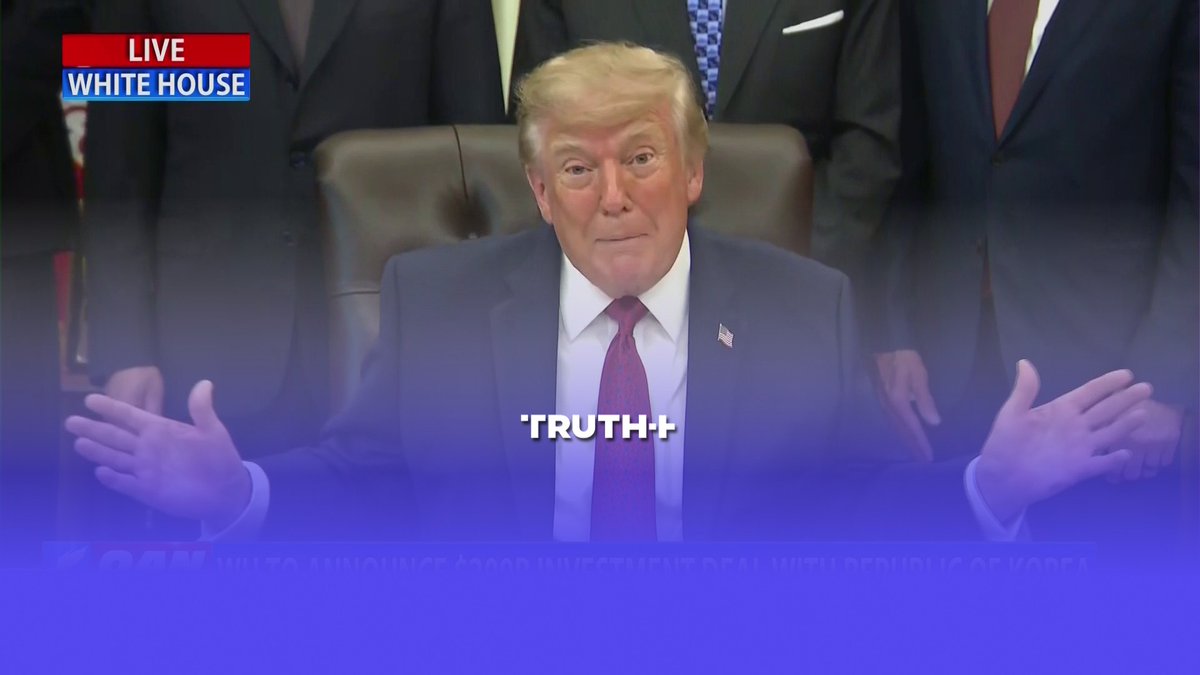 A broadcast screenshot from 'TRUTH+' showing Donald Trump seated at the Resolute Desk in the White House with his arms spread open, with a 'LIVE WHITE HOUSE' graphic in the top left corner.