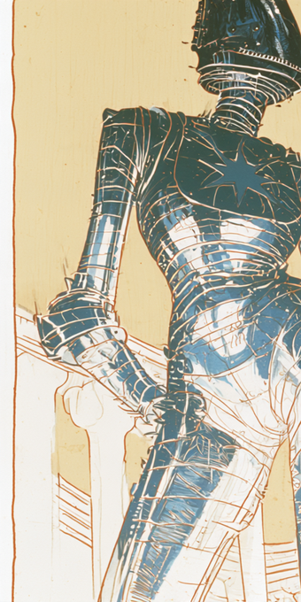 An artistic illustration of a figure in dark blue/teal medieval armor featuring a star emblem on the chest, rendered in a sketchy style on a cream background.