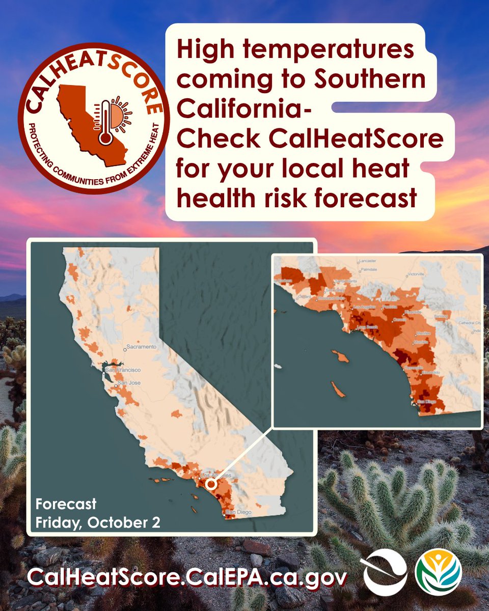 OEHHA's tweet photo. An autumnal heat wave is coming in later this week with potential heat-health risks to Southern California.

Check your ZIP code at https://t.co/B7GflLDOsY to discover
         • Your local heat score
         • Heat safety tips
         • Locations near you to keep cool https://t.co/aNJKIu8k2N