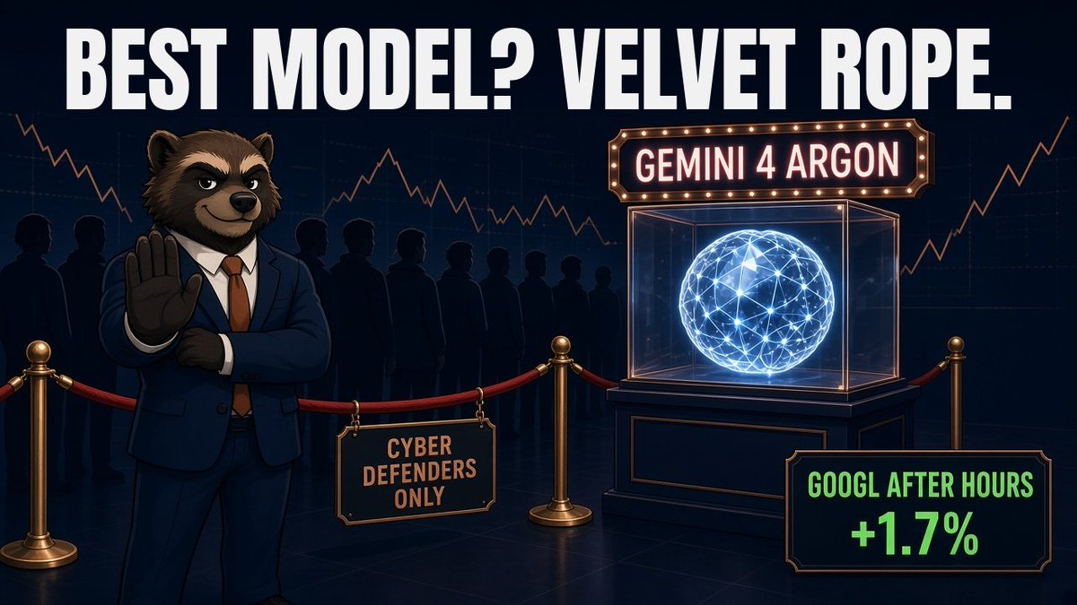3FinanWolverine's tweet photo. Google $GOOG just dropped Gemini 4 Argon, its first new flagship since Gemini 3 last November. 

It can output up to 1M tokens, up from 64K. 

The catch is you can't use it. It's only going to vetted cyber defenders for now while it goes through the government's pre-release safety review, and there's no public release date. 

GOOGL is up 1.7% after hours on a model almost nobody can touch.