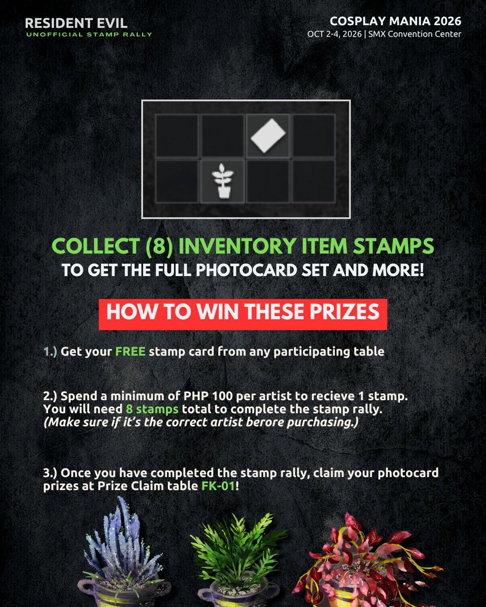 Flaurite's tweet photo. Patch up with our RE Stamp Rally this #CosplayMania2026 ! 🌿

Come celebrate 30 years of RE's iconic health items and add these 8 photocards to your inventory!

Grab a free stamp card from any participating table to mission start ⛱️
#FanFairatCosmania2026 #Cosmania2026 https://t.co/8aoJ6cIk9E