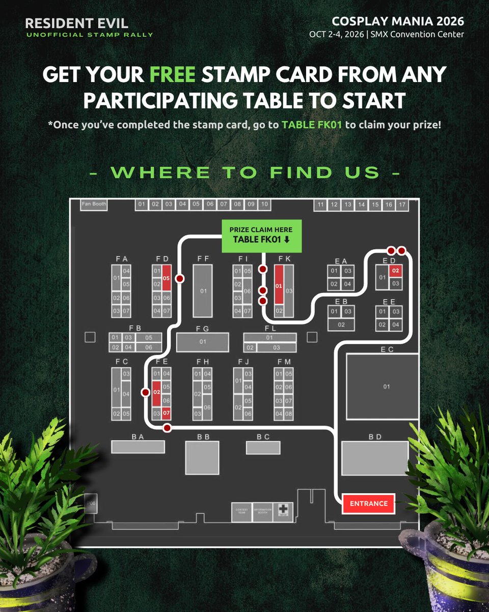 Flaurite's tweet photo. Patch up with our RE Stamp Rally this #CosplayMania2026 ! 🌿

Come celebrate 30 years of RE's iconic health items and add these 8 photocards to your inventory!

Grab a free stamp card from any participating table to mission start ⛱️
#FanFairatCosmania2026 #Cosmania2026 https://t.co/8aoJ6cIk9E