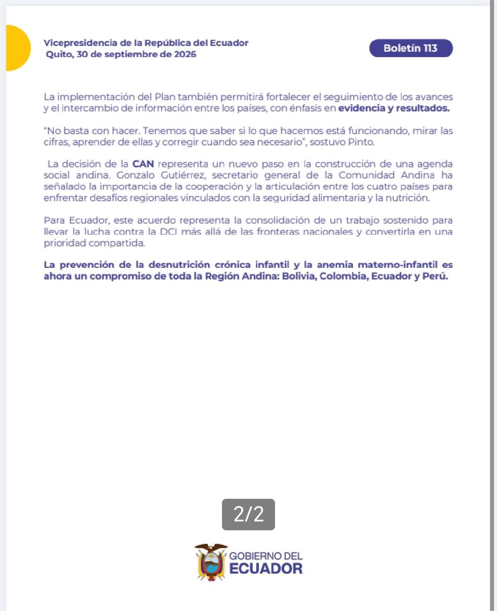 RadioVozdelSur's tweet photo. Información al Instante 12 80.

Dircom Vicepresidencia del Ecuador.

Gobierno Nacional impulsa un compromiso regional: la CAN aprueba Plan de Trabajo 2026-2030 contra la desnutrición crónica infantil y la anemia materno-infantil. https://t.co/aqnpeqlY5f