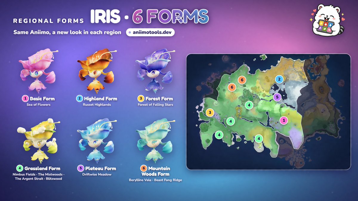 irissia06's tweet photo. Same Aniimo, a new look in each region! Iris has 6 forms, Budclaw, Pomegg and Sparki 4 each, and every form lives in its own corner of the Breezy Plains. Which form did you catch first?

Every regional form: https://t.co/dZvh6imoXL

#Aniimo https://t.co/R3lQlnCews