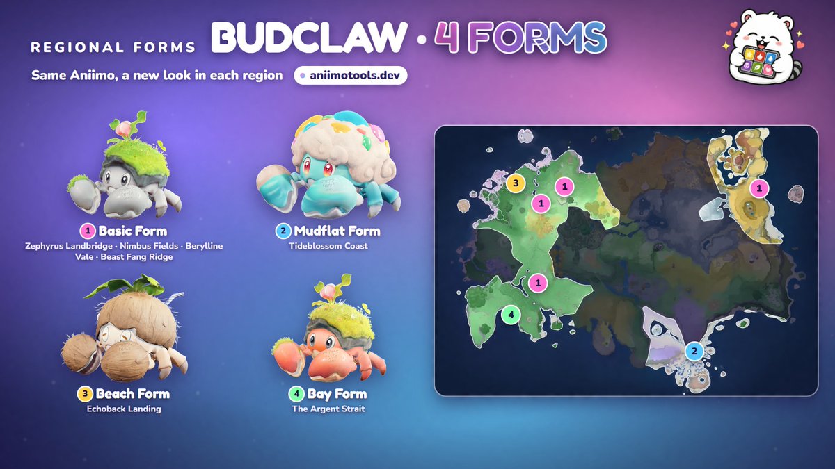 irissia06's tweet photo. Same Aniimo, a new look in each region! Iris has 6 forms, Budclaw, Pomegg and Sparki 4 each, and every form lives in its own corner of the Breezy Plains. Which form did you catch first?

Every regional form: https://t.co/dZvh6imoXL

#Aniimo https://t.co/R3lQlnCews