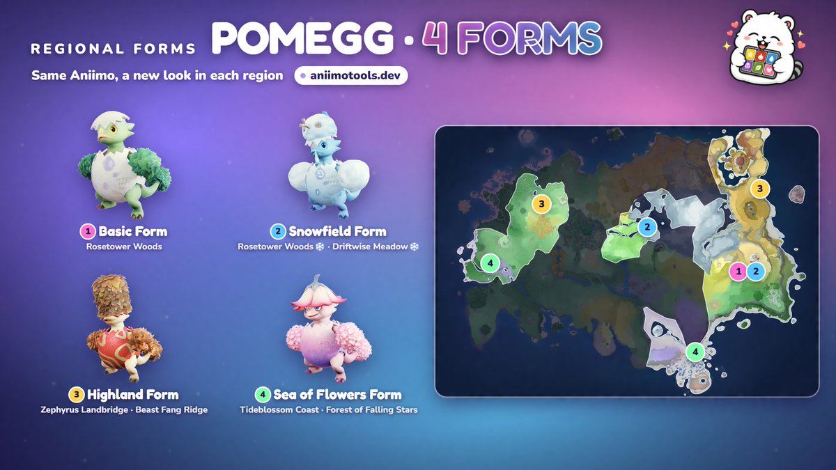 irissia06's tweet photo. Same Aniimo, a new look in each region! Iris has 6 forms, Budclaw, Pomegg and Sparki 4 each, and every form lives in its own corner of the Breezy Plains. Which form did you catch first?

Every regional form: https://t.co/dZvh6imoXL

#Aniimo https://t.co/R3lQlnCews