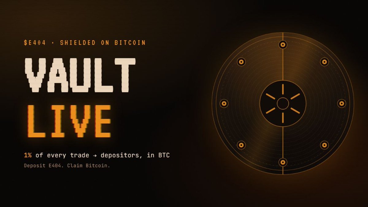 error404ord's tweet photo. The $E404 vault is live.

Deposit E404. Earn Bitcoin from every trade — 1% of trade value, split inside the settling transaction itself.

Deposits and withdrawals both open now.

https://t.co/tYYZiJGdtN https://t.co/DW84LDSYiR