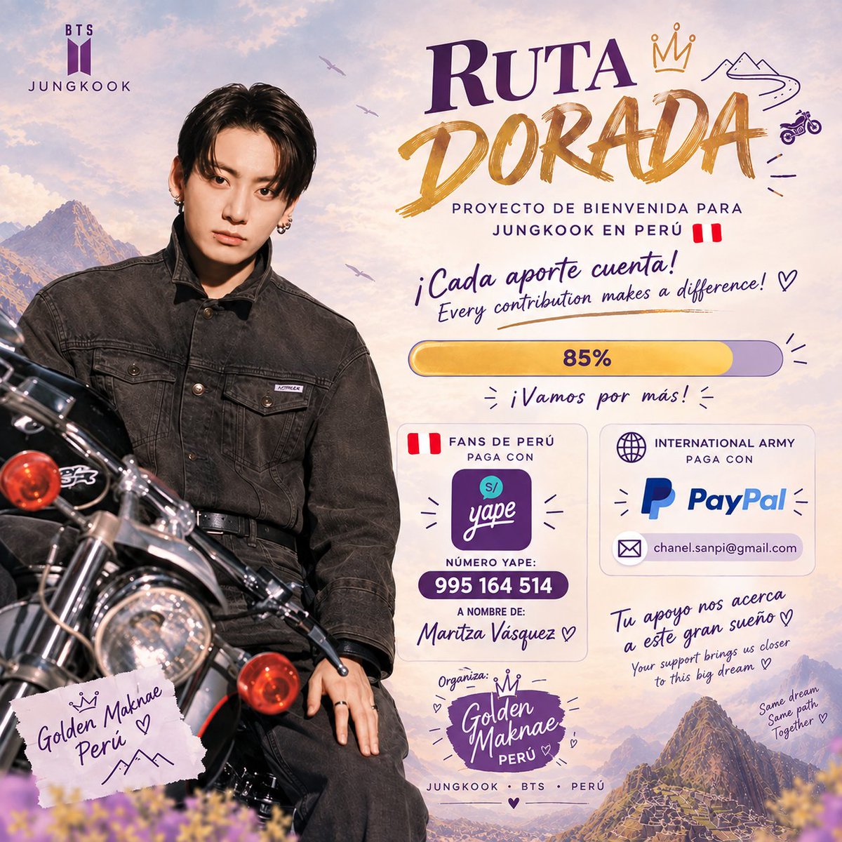 GoldenMaknaePE's tweet photo. ¡Estamos cada vez más cerca de hacer realidad #RutaDorada para Jungkook! 🇵🇪
Cada aporte nos acerca un poquito más
Si puedes apoyarnos, únete a esta bienvenida. Y si no puedes donar, compartir también ayuda muchísimo🫶🏻
#Jungkook #BTS_WORLDTOUR_ARİRANG https://t.co/Dr59VrV2K2