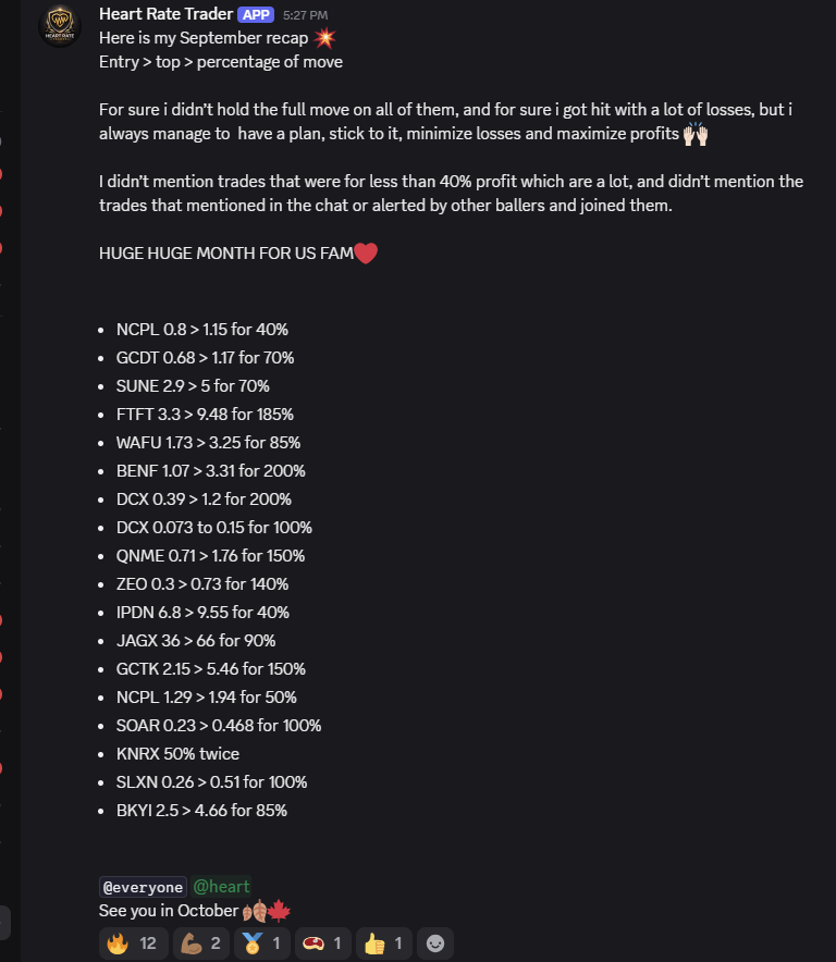 Here is my September recap 💥
Entry > top > percentage of move 

For sure i didn’t hold the full move on all of them, and for sure i got hit with a lot of losse