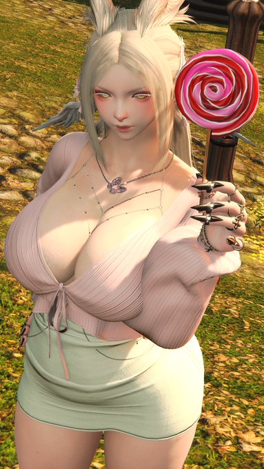 A 3D-rendered female character with blonde hair and animal ears, wearing a pink top and green skirt, holding a large red lollipop.