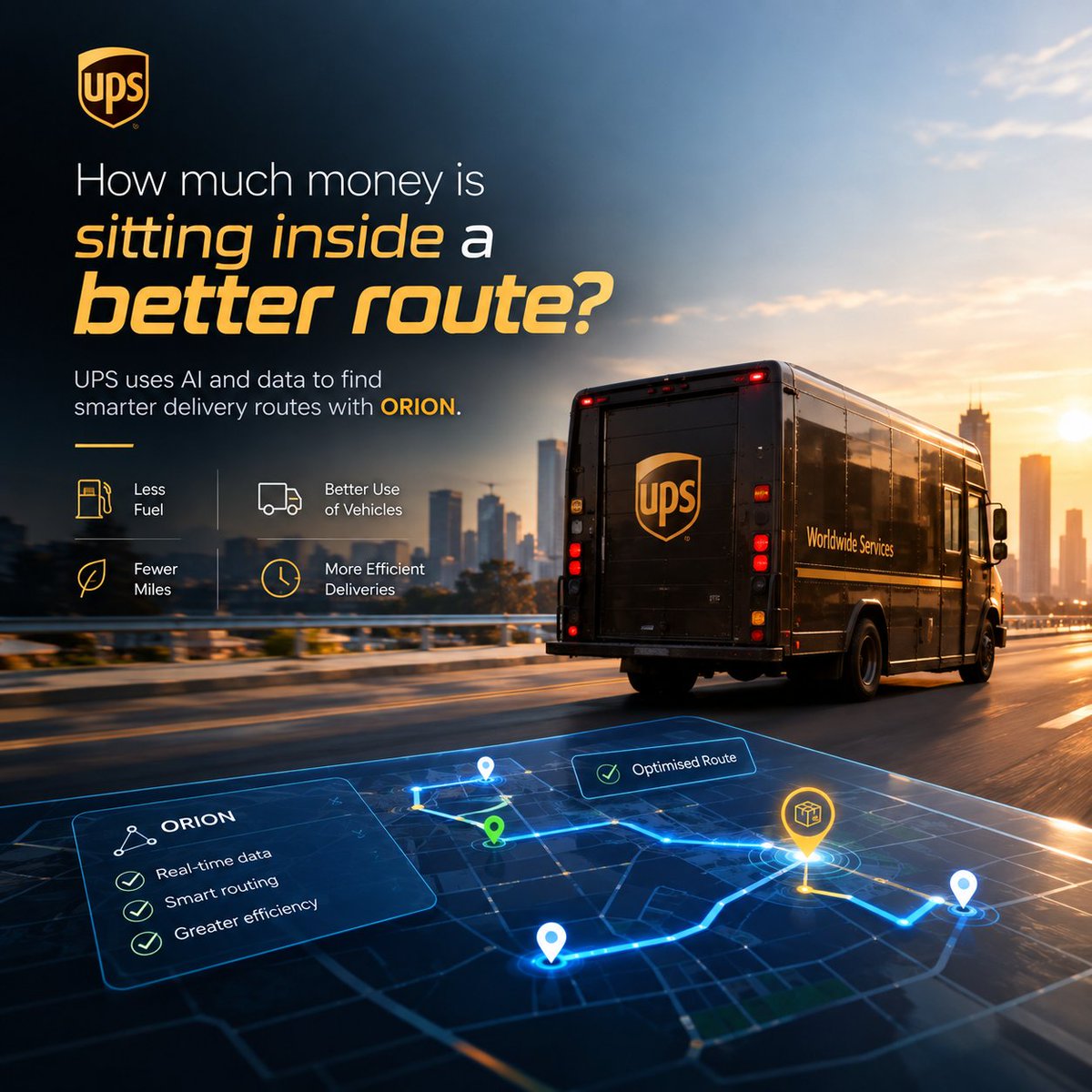 WilliamsJude01's tweet photo. HOW MUCH MONEY IS SITTING INSIDE A BETTER ROUTE?

UPS has been answering that question for years with ORION.
Its technology for optimising delivery routes.

 #SmartLogistics #FutureOfLogistics https://t.co/kXMxmh2CYd