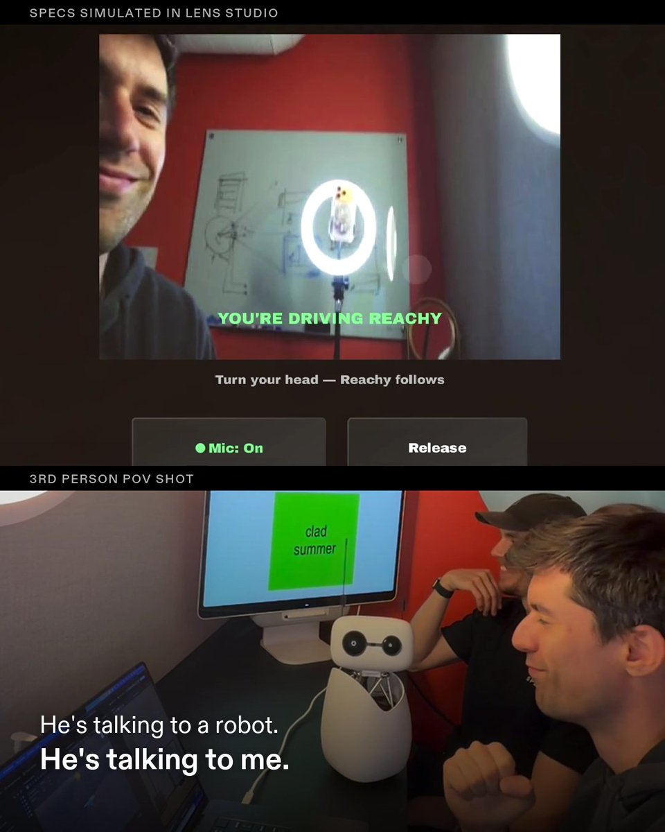 Snap CEO Evan Spiegel demonstrates Snap's AR Spectacles prototype "Specs" simulated in Lens Studio, featuring an AI assistant called "Reachy," with captions "YOU'RE DRIVING REACHY," "Turn your head — Reachy follows," and "He's talking to a robot. He's talking to me."