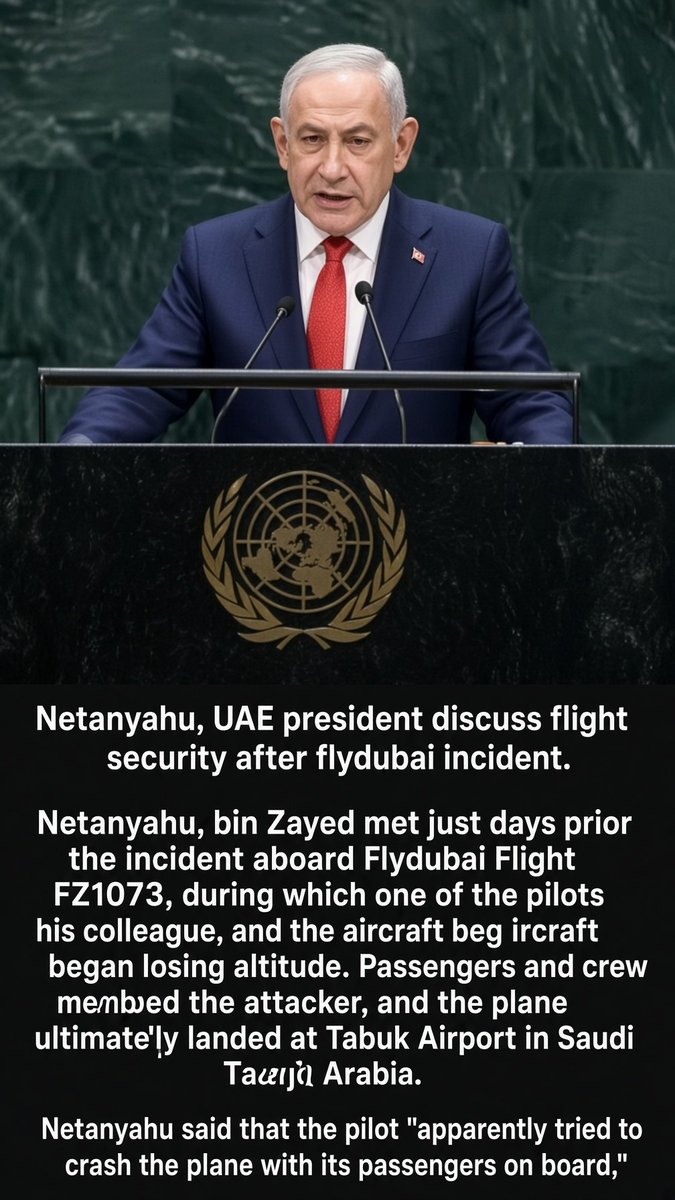 AthinaKech36429's tweet photo. Netanyahu, UAE president discuss flight security after flydubai incident.
Netanyahu said that the pilot "apparently tried to crash the plane with its passengers on board,"
The conversation came after an incident aboard Flydubai Flight FZ1073, during which one of the pilots stabbed his colleague, and the aircraft began losing altitude. Passengers and crew members subdued the attacker, and the plane ultimately landed at Tabuk Airport in Saudi Arabia.
Prime Minister Benjamin Netanyahu spoke with UAE President Mohamed bin Zayed on Wednesday after a Flydubai incident raised questions over security arrangements for flights between the countries.
Netanyahu referred to the conversation, saying: "I spoke with bin Zayed and we agreed to arrange the security issues."
The conversation came after an incident aboard Flydubai Flight FZ1073, during which one of the pilots stabbed his colleague, and the aircraft began losing altitude. Passengers and crew members subdued the attacker, and the plane ultimately landed at Tabuk Airport in Saudi Arabia.
UAE approved allowing Shin Bet security personnel to conduct inspections at Dubai Airport in the coming days, a move that will temporarily allow Israeli airlines to continue operating flights to the country.
By IDAN KWELLER
SEPTEMBER 30, 2026 22:55