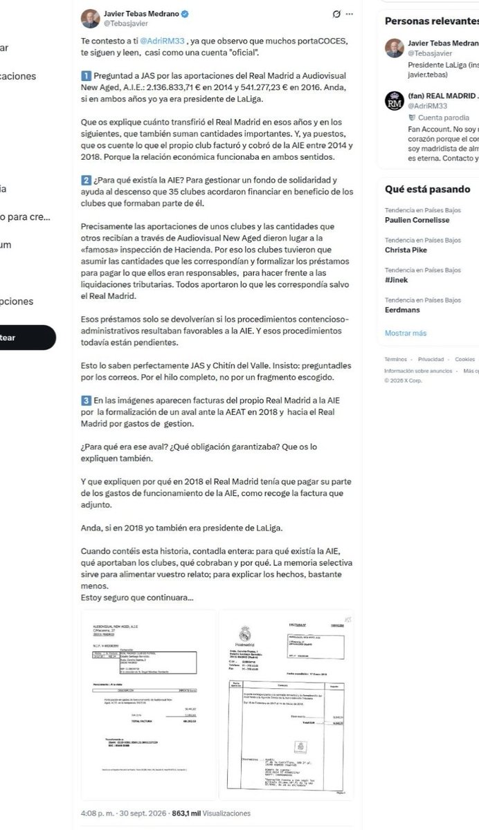 MiguelGalanCNFE's tweet photo. La Asociación Transparencia y Democracia en el Deporte @asociacionTyD presentará denuncia ante el Consejo Superior de Deportes @deportegob @jmrdezuribes  contra Javier Tebas @Tebasjavier  , para que eleve petición razonada al Tribunal Administrativo del Deporte.

El presidente de LaLiga ha difundido desde su cuenta personal, en dos días consecutivos, transferencias, datos bancarios, facturas y un aval ante la AEAT de un club afiliado. Él mismo vinculó esa información a su condición de presidente.

El art. 59.1.b) de la Ley 39/2022, del Deporte, impone a los órganos de dirección de las ligas profesionales el deber de mantener en secreto cuantos datos conozcan en el desempeño de sus cargos. Su incumplimiento constituye infracción muy grave de los presidentes por vulneración de las normas estatutarias y reglamentarias. 

Así lo establecen el art. 76.2.a) de la Ley 10/1990 y el art. 15.a) del RD 1591/1992, aplicables por la DT 3.ª de la Ley 39/2022, y hoy también el art. 104.2.a) de esta.

A ello se suman los descalificativos y el señalamiento público de directivos del club  @realmadrid 

Son actos notorios y públicos contrarios al decoro deportivo (art. 76.4.b de la Ley 10/1990, que el art. 104.1.i de la Ley 39/2022 eleva a muy grave). 

Resultan más graves en quien preside una entidad cuyos Estatutos sancionan a los clubes por descalificar a cualquier miembro de la Liga (art. 69.3.a).