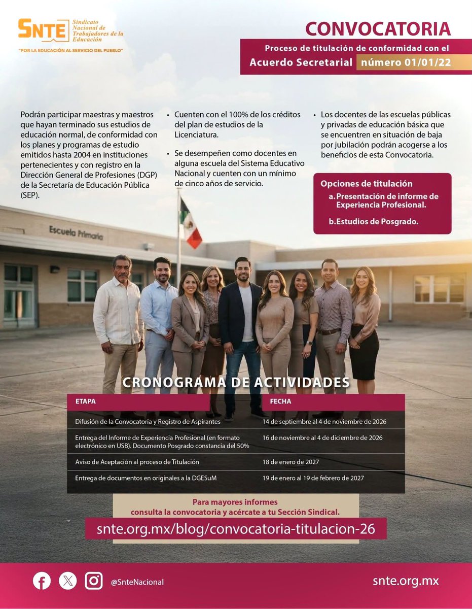 SNTE16Leonel's tweet photo. 📢¡Aviso importante!

👩🏻‍🏫👨🏻‍🏫 Derivado de la Respuesta al #PND2026, te informamos que sigue vigente la Convocatoria al Proceso de Titulación de la Licenciatura en Educación. 

Toda la información en el enlace:
🔗 👉 https://t.co/hrm7VdLa6S https://t.co/G45IVipV3Q