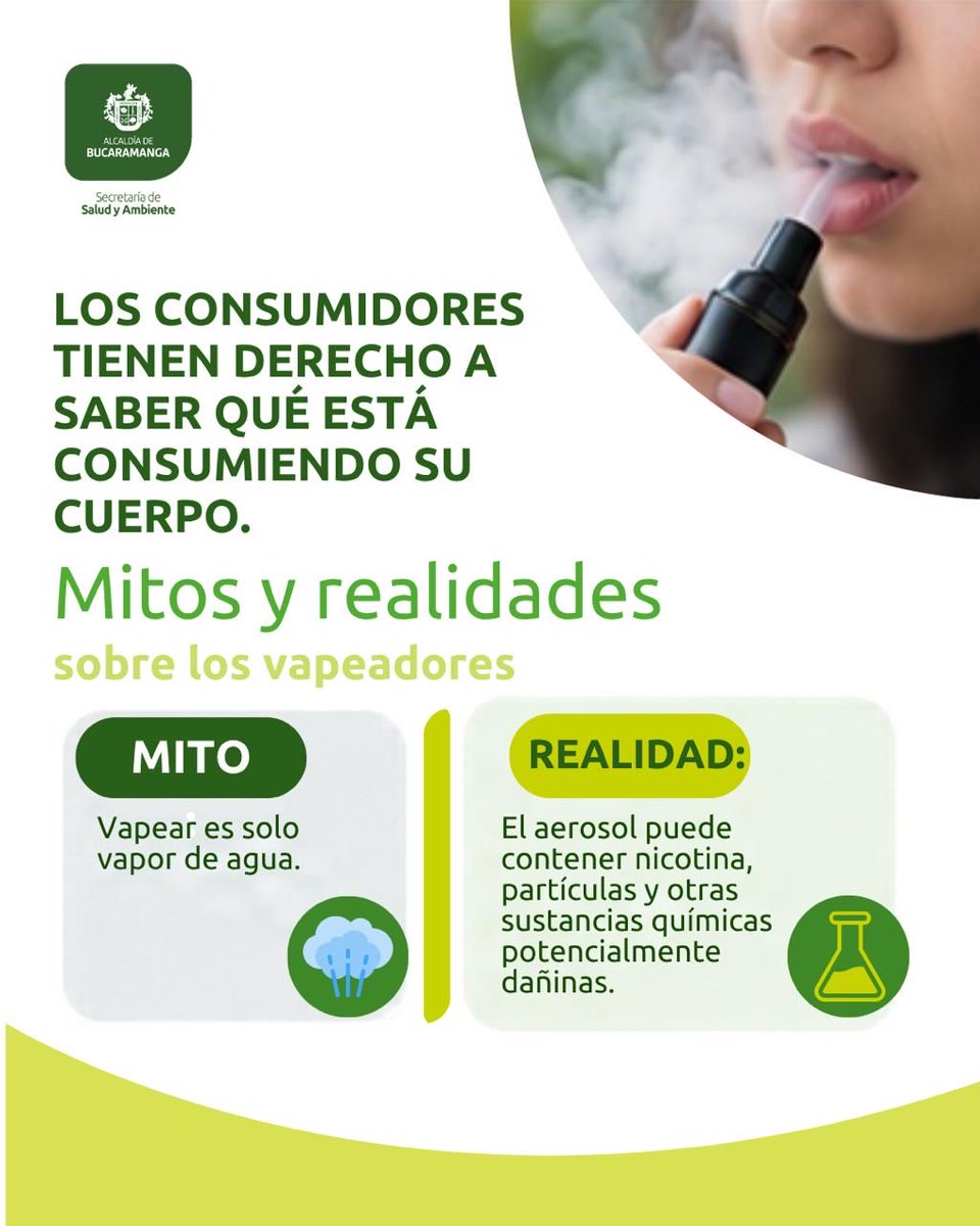 Salud_Bga's tweet photo. 💨 ¡Vapear no es solo vapor!
Los vapeadores liberan un aerosol que puede contener nicotina y sustancias químicas dañinas para el organismo.
🚫 No es seguro. Protege tus pulmones y toma decisiones informadas.
#VapearNoEsSeguro #CuidaTuSalud #Bucaramanga https://t.co/nhiJoyx19m