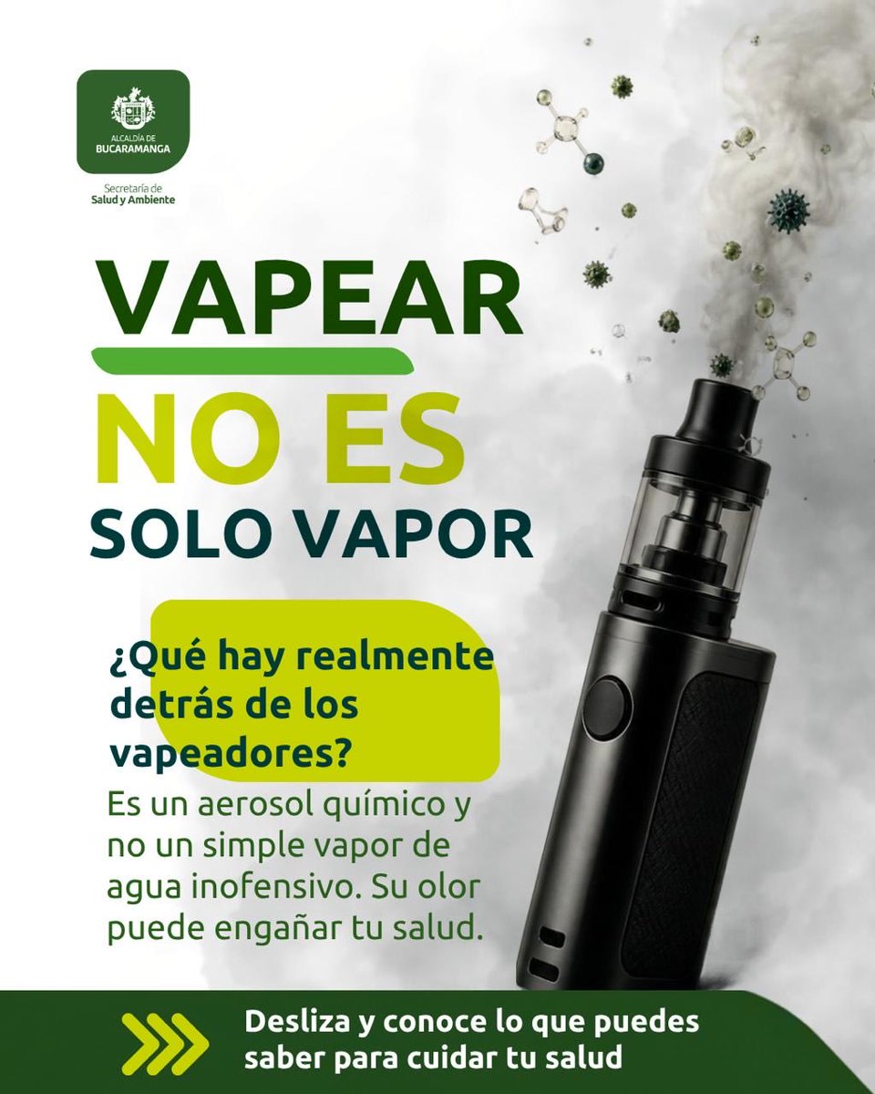 Salud_Bga's tweet photo. 💨 ¡Vapear no es solo vapor!
Los vapeadores liberan un aerosol que puede contener nicotina y sustancias químicas dañinas para el organismo.
🚫 No es seguro. Protege tus pulmones y toma decisiones informadas.
#VapearNoEsSeguro #CuidaTuSalud #Bucaramanga https://t.co/nhiJoyx19m