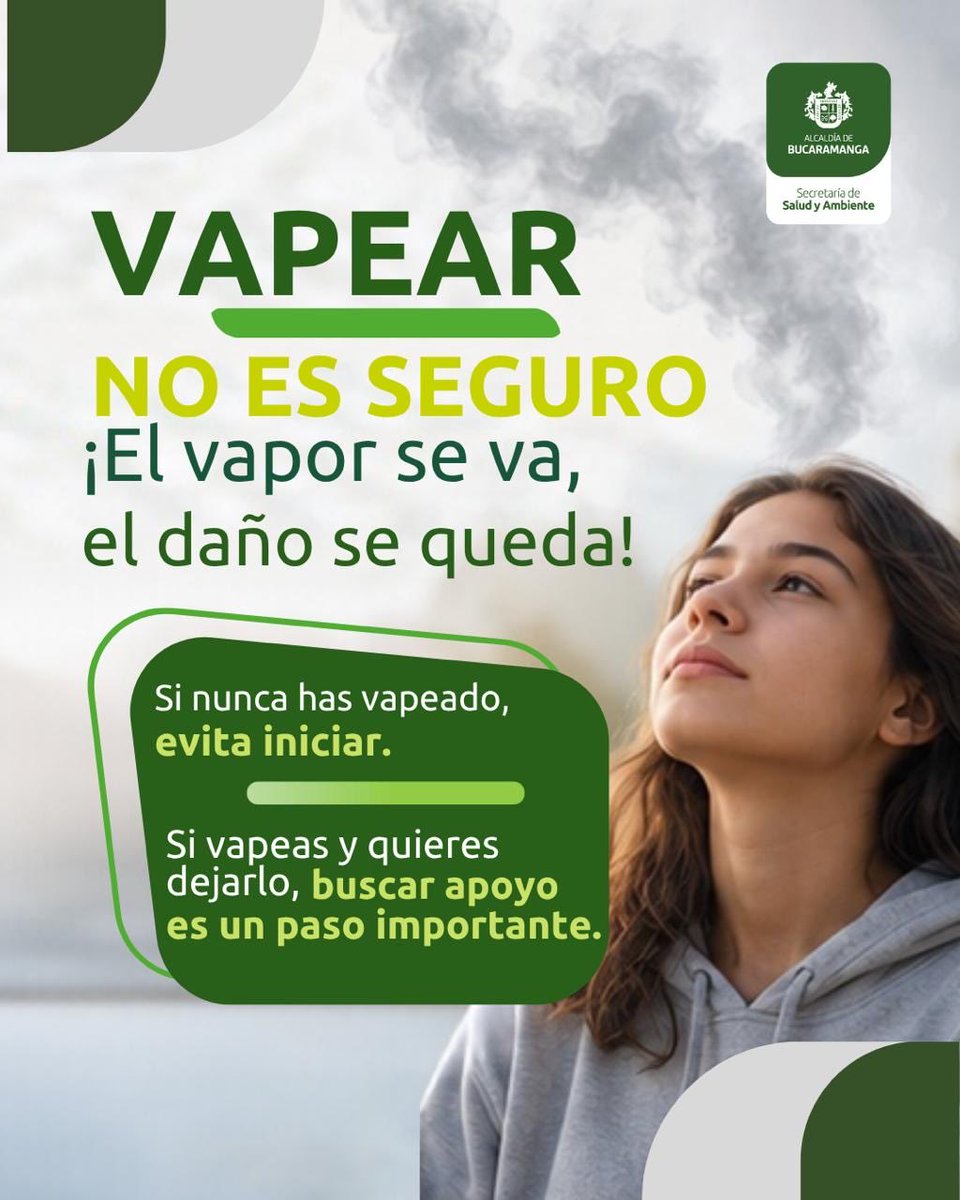 Salud_Bga's tweet photo. 💨 ¡Vapear no es solo vapor!
Los vapeadores liberan un aerosol que puede contener nicotina y sustancias químicas dañinas para el organismo.
🚫 No es seguro. Protege tus pulmones y toma decisiones informadas.
#VapearNoEsSeguro #CuidaTuSalud #Bucaramanga https://t.co/nhiJoyx19m
