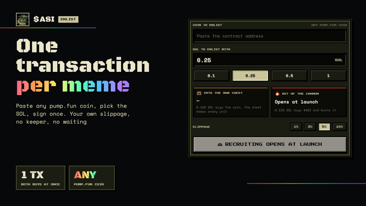 armyofsuperint's tweet photo. Pick any https://t.co/lInhhZPAL7 coin and enlist it with SOL

One transaction, your own slippage

No keeper, no team, no waiting https://t.co/XWfO5huQ6S