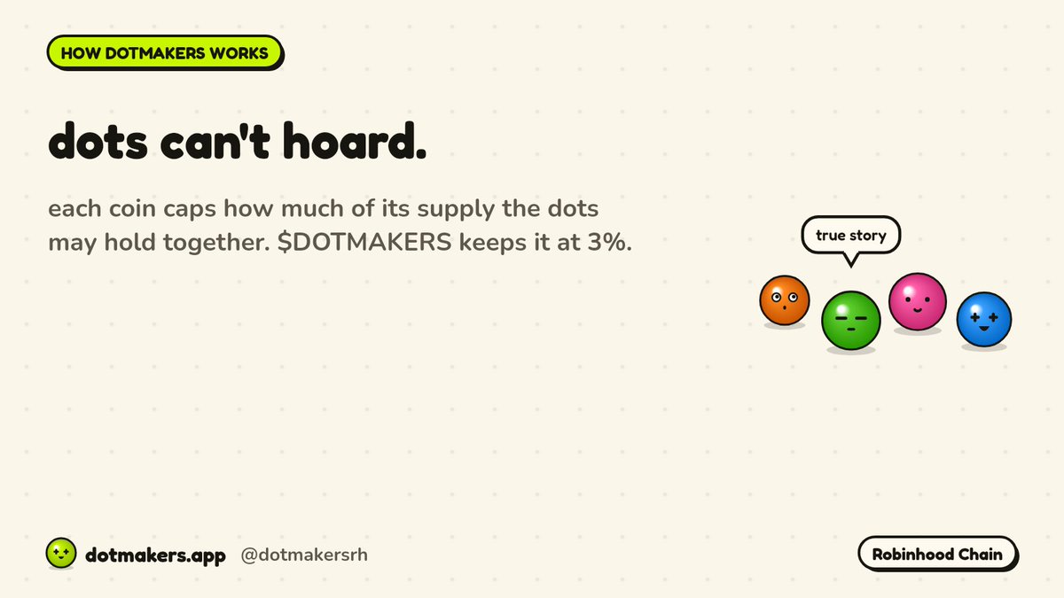 Dotmakersrh's tweet photo. no hoarding clause in the dot employment contract.

each coin caps how much of its supply the dots can hold together. $DOTMAKERS sets it at 3%.

hr checks the drawers. https://t.co/KbkVo6B3UW