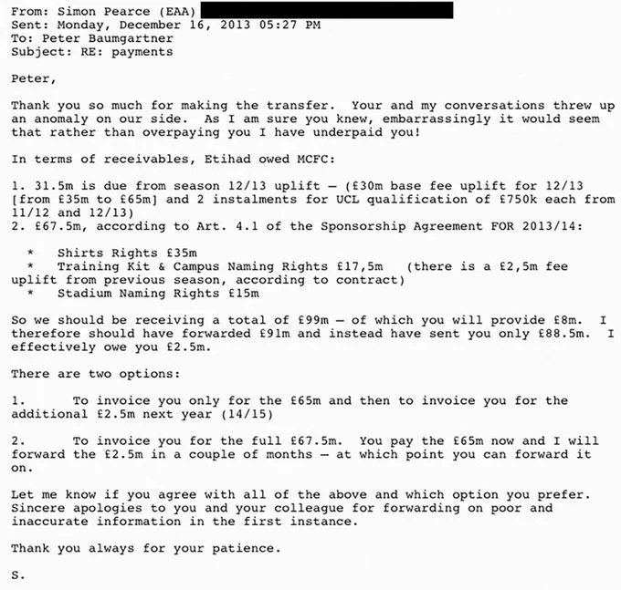 sportingintel's tweet photo. Thus we return to this (authentic and never disputed) email from senior City advisor and senior UAE advisor Simon Pearce to Peter Baumgartner, CEO of Etihad Airways at the time. 2/n https://t.co/z8ckKeAYcZ