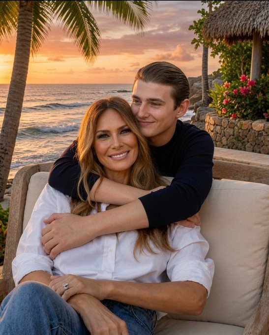 A smiling woman with long brown hair wearing a white shirt sits on a beige couch while a young man hugs her from behind, set against a tropical beach sunset backdrop with palm trees and stone walls.