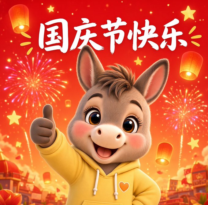 A festive cartoon donkey giving a thumbs up in front of a red background with fireworks and lanterns, featuring Chinese text '国庆节快乐' (Happy National Day).
