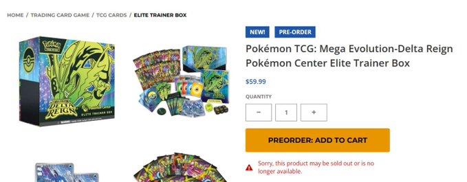An online store page showing the "Pokémon TCG: Mega Evolution-Delta Reign Pokémon Center Elite Trainer Box" pre-order priced at $59.99, with a note that it may be sold out.