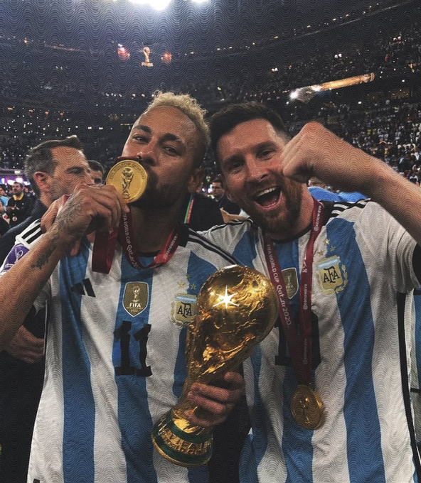 Two Argentine soccer players wearing the iconic light blue and white striped "AFA" jersey celebrate with the golden FIFA World Cup trophy, one kissing his winner's medal while the other flashes a victorious fist pump. The accompanying post's reference to "Misiones" appears to hint at Neymar's Brazilian roots in a playful contrast to the Argentinian victory celebration captured here.